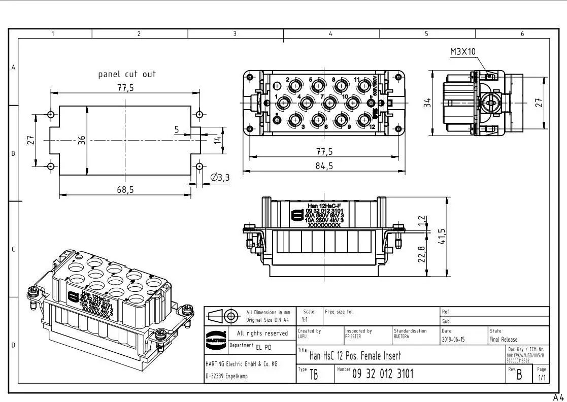 09320123101 12-pin 40A+2-pin 10A female HARITNG connector HAN K12/2