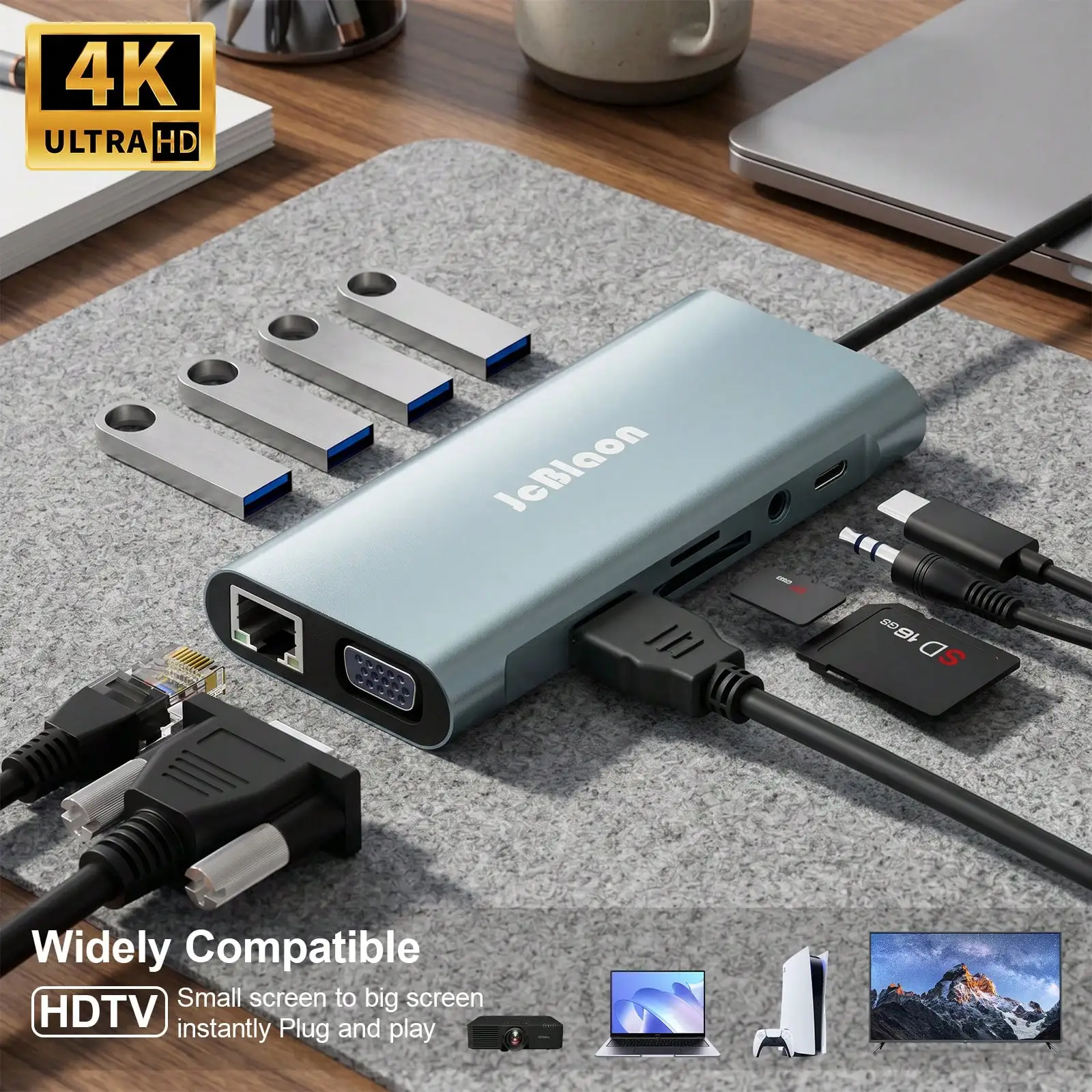 

11-In-1 USB C Hub With 4K HDTV, VGA, 100W PD, Ethernet, USB 3.0, SD/TF – Portable Laptop Docking Station
