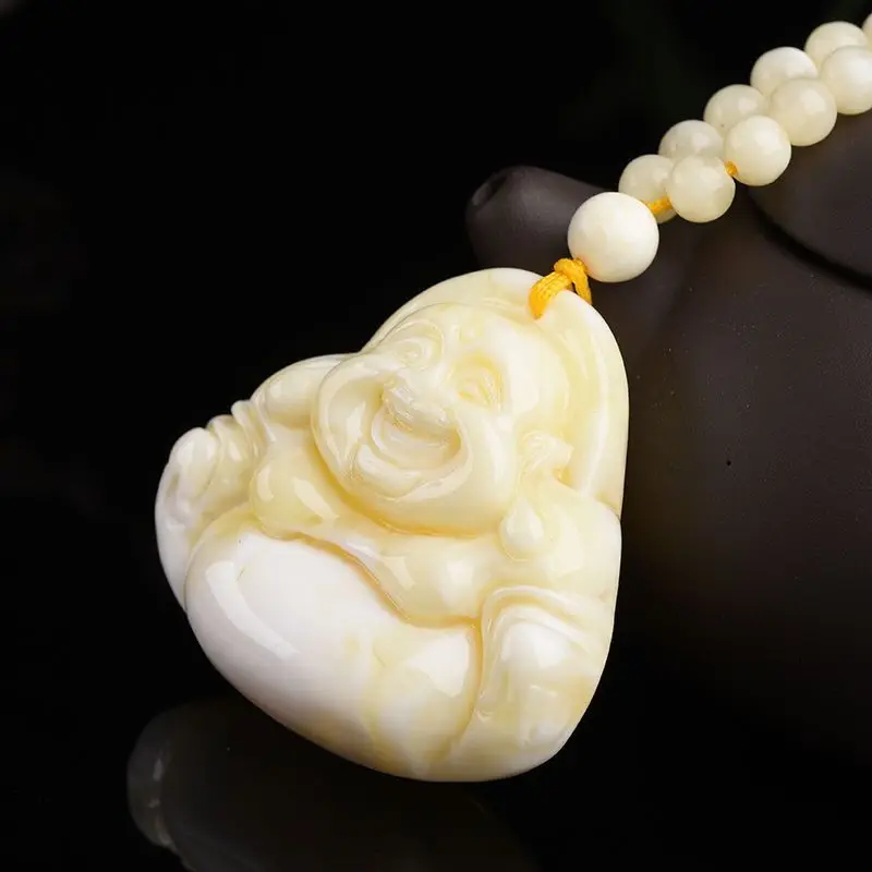 

White Beeswax Pendant Maitreya Buddha Necklace for Men and Women