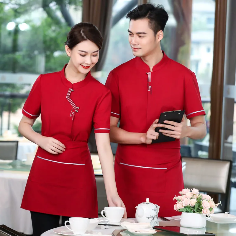 New Waiter Workwear Short Sleeve Hotel Chinese Tea House Catering Uniform Hot Pot Restaurant Summer Clothing for Women