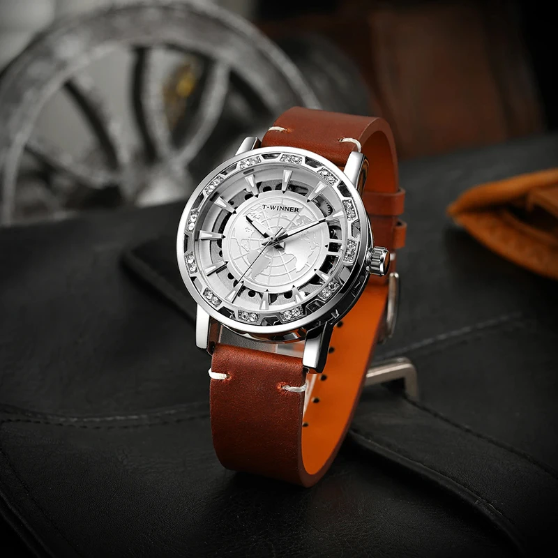 T-WINNER Classic Men's Manual Winding Mechanical Watch with Luminous Hands Luxury Gold-Tone Skeleton Case Retro Leather Strap
