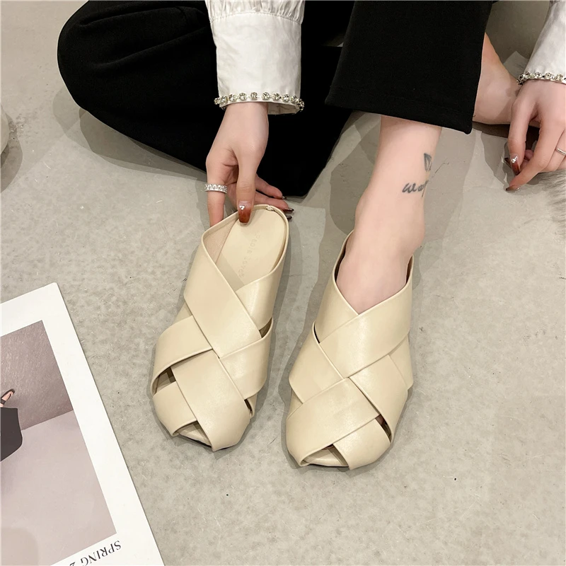 Shoes Women Female Slippers Slides Cover Toe Loafers Fashion Soft 2022 Flat Luxury Rubber PU Fretwork Basic Loafers Female Shoe