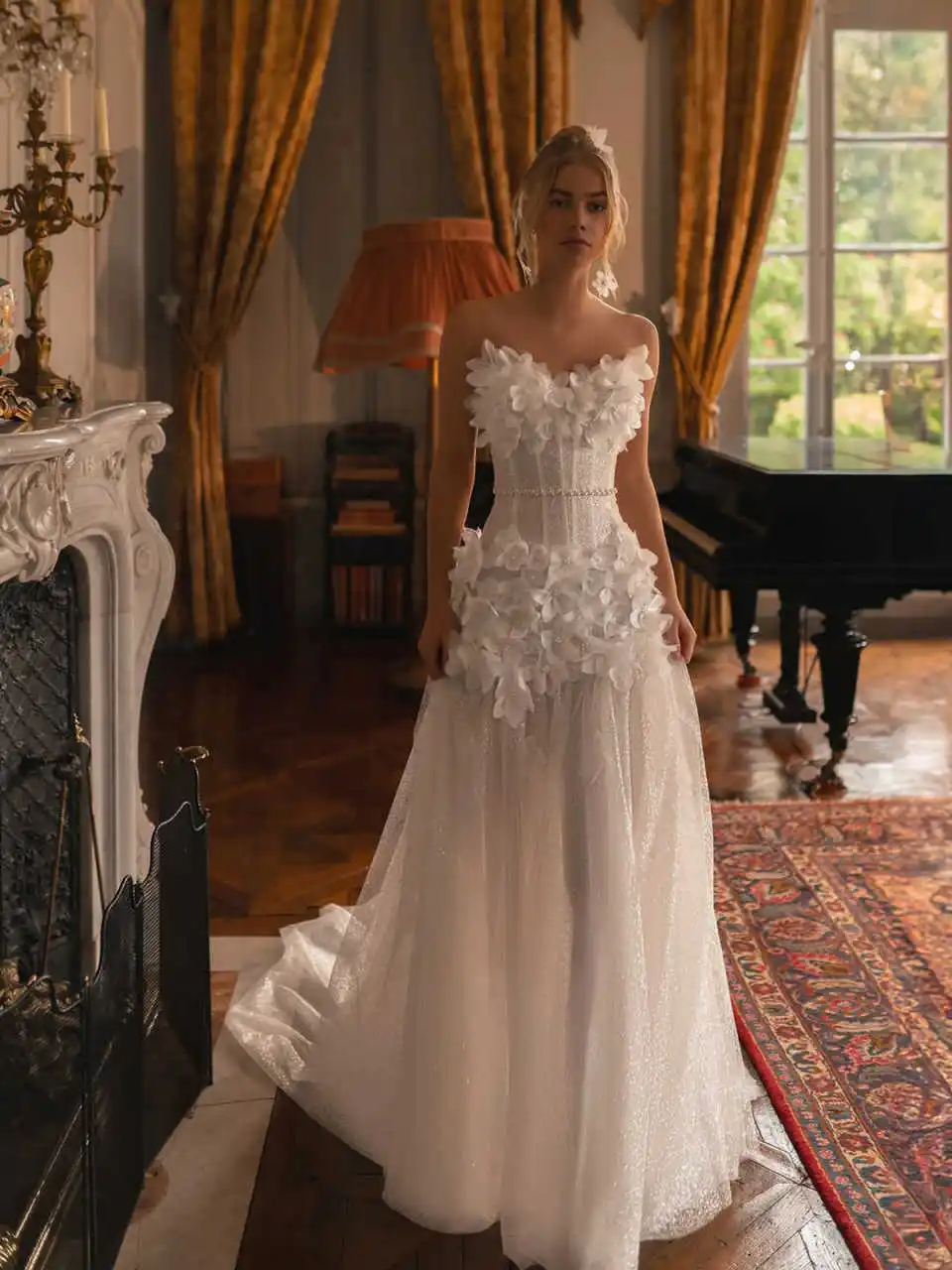 반짝이 A 라인 웨딩 드레스 민소매 3D 꽃 진주 신부 드레스 스윕 트레인 비즈 공식적인 신부 가운 맞춤 제작