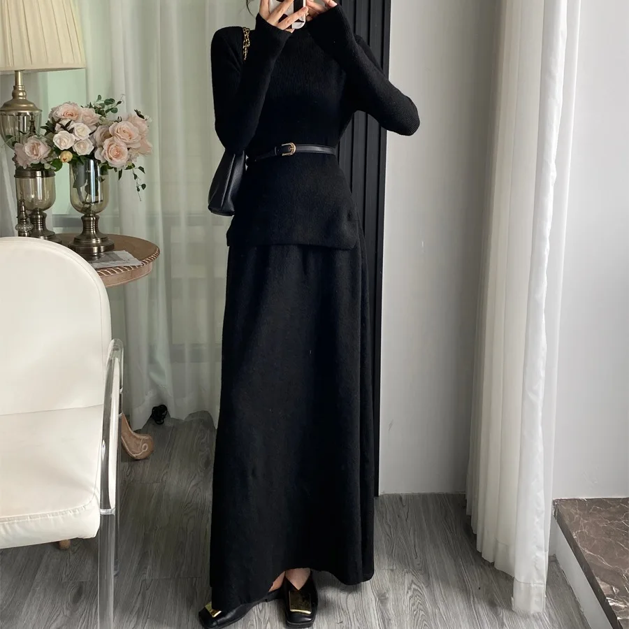 Koreaanse Sle Slim Fit Gebreide Trui Hoge Kraag Dames Dr Riem Inbegrepen Tweedelige Set Lange Rok F-hoge Kraag