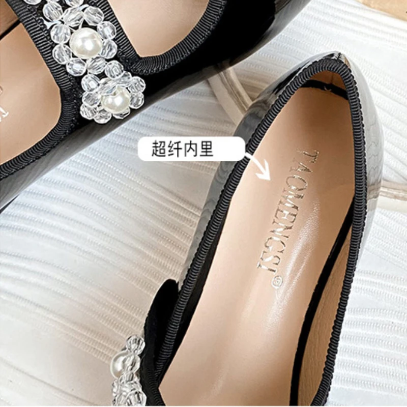 Plus Size 33-43 Women Flats Mary Jane Shoes Patent Leather Low Heel Girl's Shoes Bling Pearls Crystal Designer Sweet Loafers
