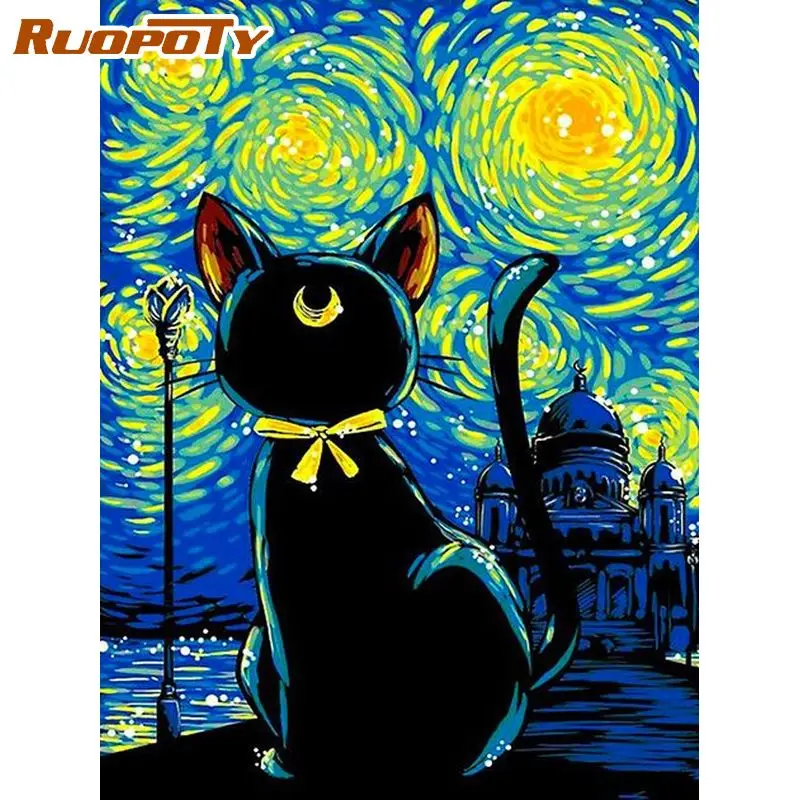 

RUOPOTY Abstract Painting By Numbers For Handiwork Cat Coloring By Numbers For Adults Gift Starry Sky Moon On Canvas Home Decor