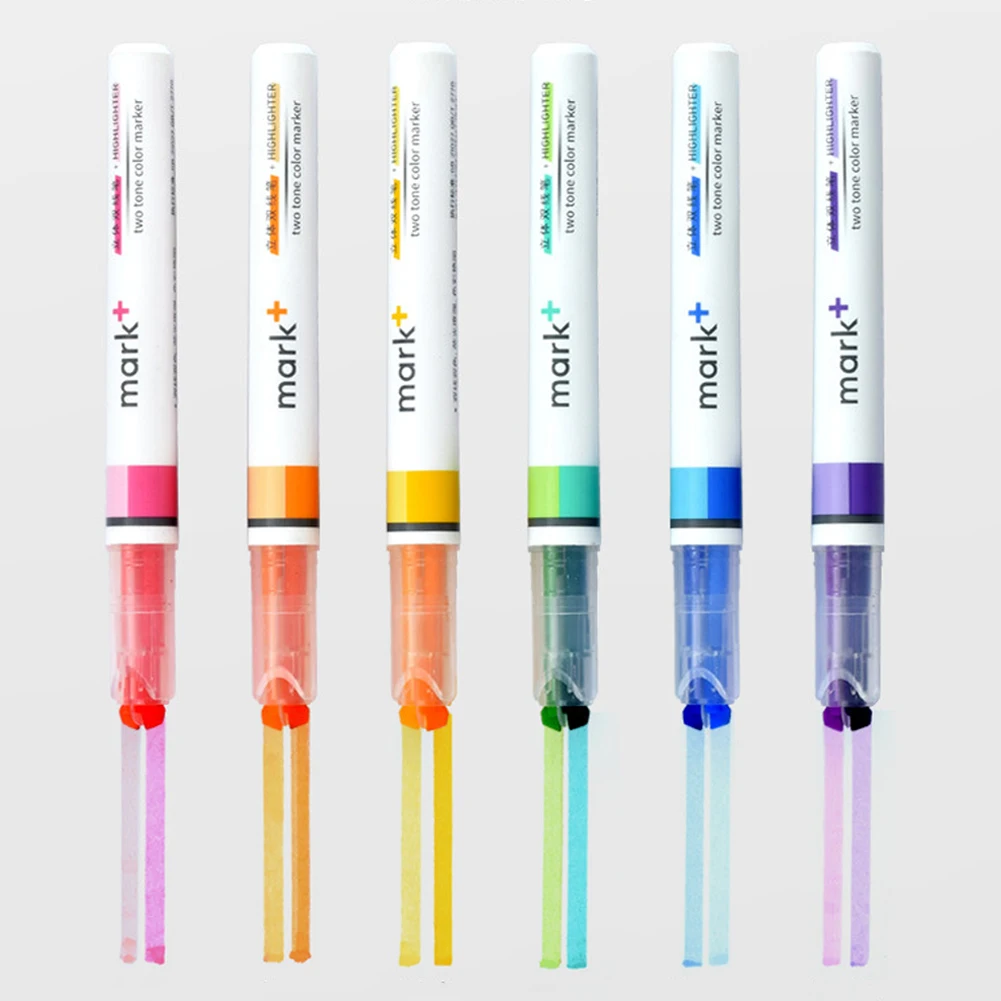 6Pcs Double Color Highlighter Marker 2 Color in 1 Study Marking Pen Work Note Markers School Office Stationeries Supply