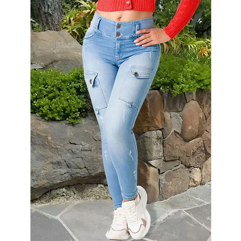 

Женские узкие джинсы со средней посадкой и двойной пуговицей на талии с несколькими карманами, V-образный вырез для создания персикового задницы, машинная была