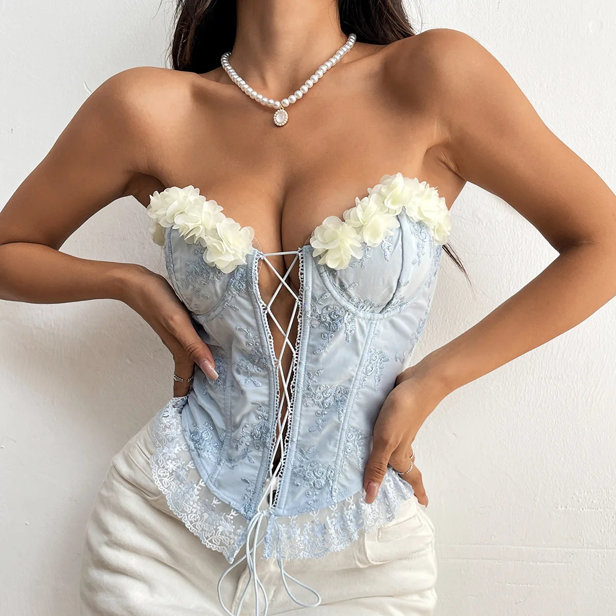 Whisper Lumi Embroidered Spliced Corset Bustier Handmade Flower Lace Trim Tie Wrap Bandeau Sexy Fishbone Streetwear Tank Tops