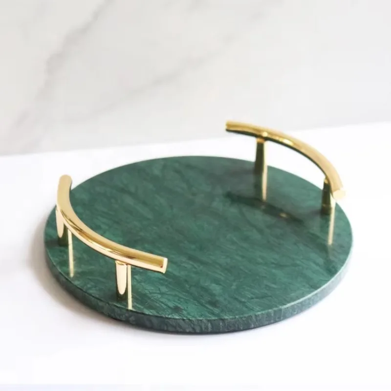 Dessert plate Hotel bathroom jewelry display Round marble serving tray with gold handle