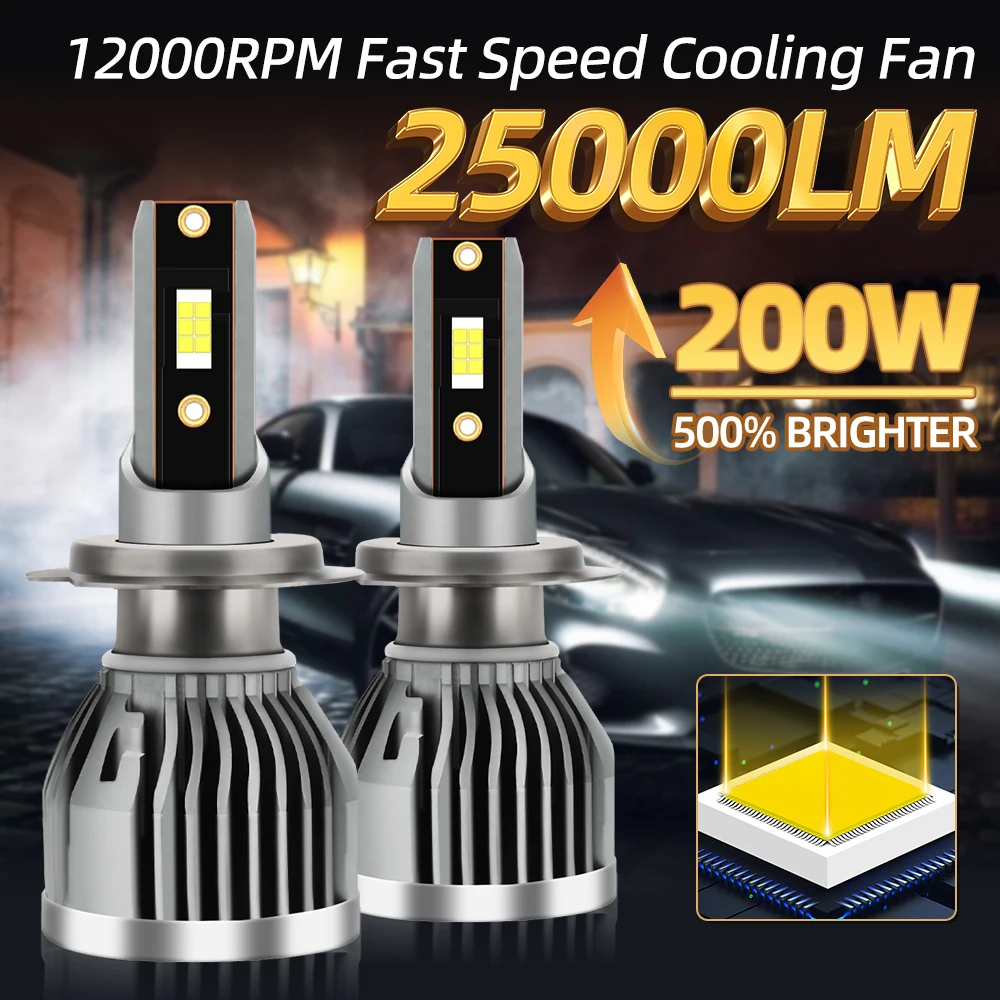 H7 1Pair High Low Beam Car Light 25000lm Auto LED Headlight Bulbs H1 H4 H11 9005 HB3 9006 HB4 9012 9004 9007 H13 200W 12V 