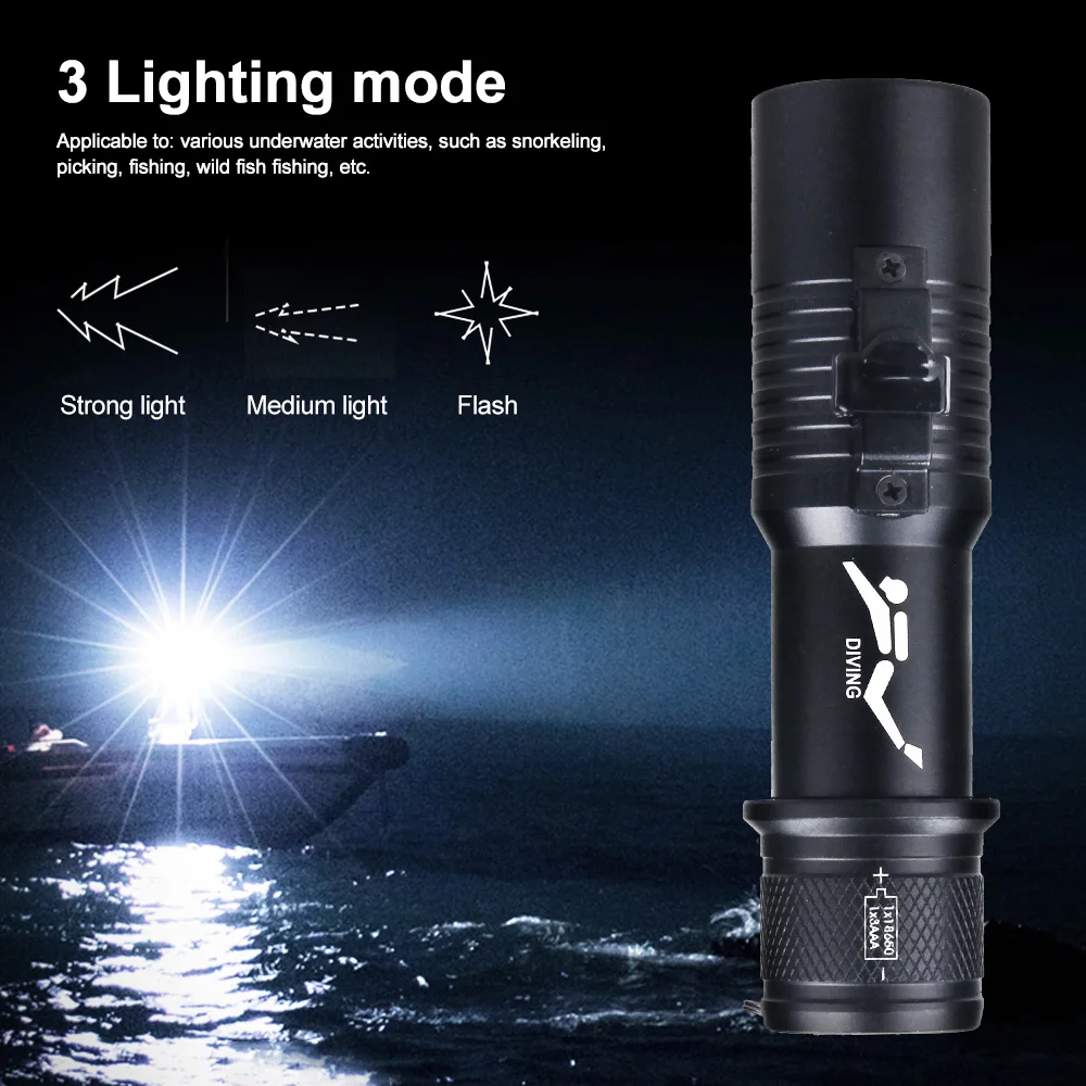 Professional Diving Flashlight T6 LED Hand Lamp IPX8 Highest Underwater Rating Super Bright Scuba Dive Torch Powered By 18650