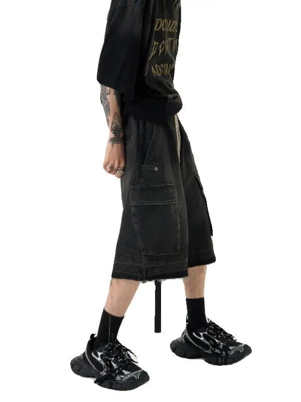 شورت جينز رجالي فضفاض بتصميم أمريكي عتيق بخمسة جيوب وساق مستقيمة للعمل والاستخدام اليومي