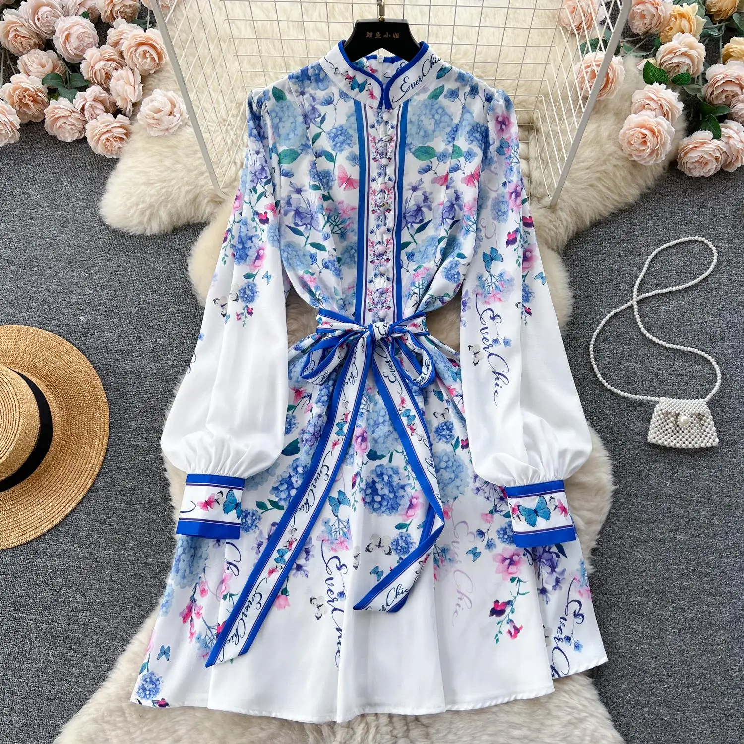 

New Spring Runway Flower Short Dress Women's Stand Collar Long Lantern Sleeve Floral Print Lace Up Belt Mini Vestidos 6689