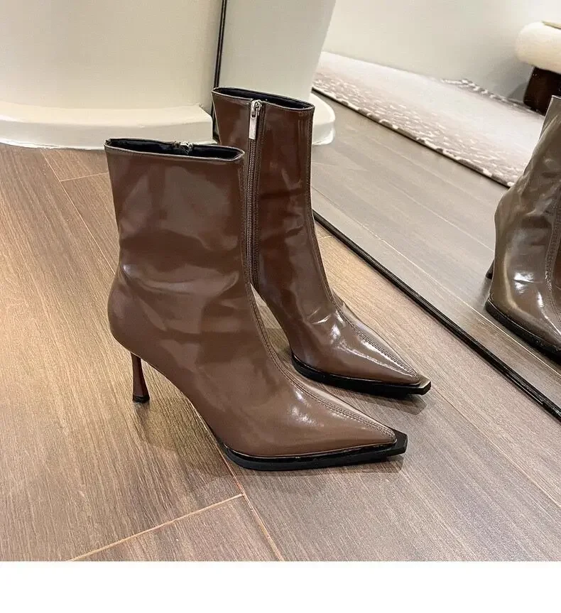Knöchelstiefel Vintage Herbst Neue Mode High Heels Damen Sexy Spitze Lackleder Schmalstiefel Damen Braun Kurze Booties – Detail 15
