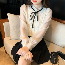 Women Ruffled Lace Up Sweet Chic Button Up Shirt Spring Autumn Fashion Elegant Blouse Casual Solid Long Sleeve Top Female Blusas