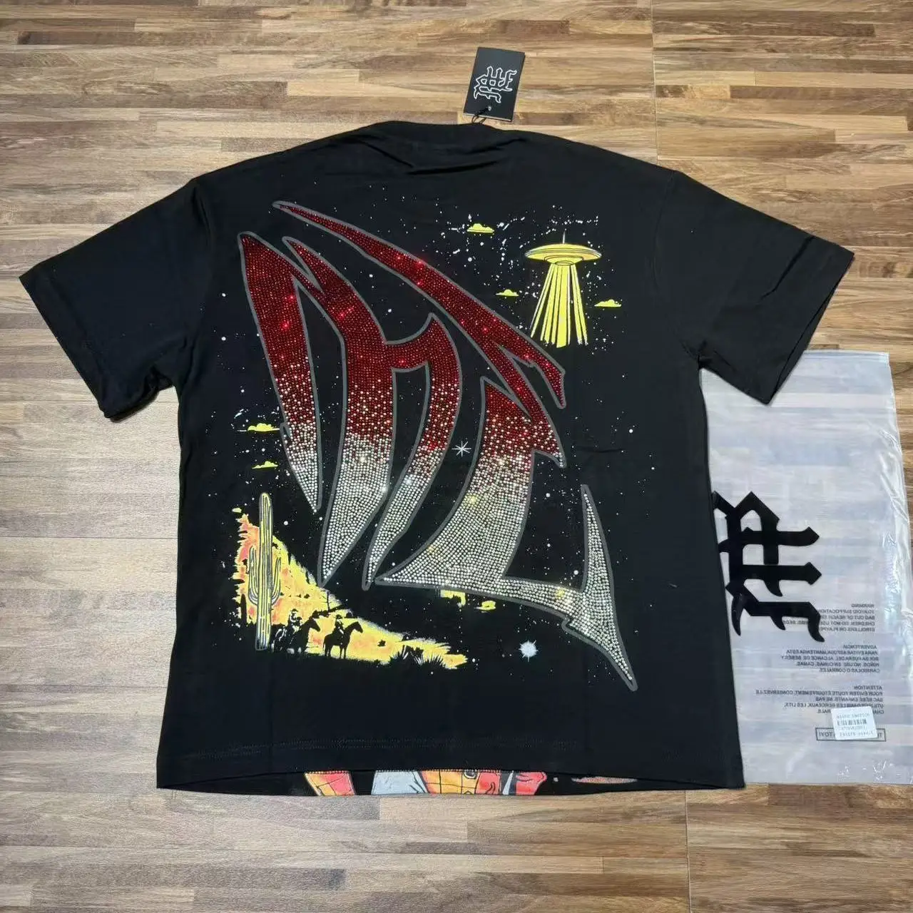 Trendy American Alien Print Glitter T-Shirt Loose Fit Pure Cotton Short Sleeve INS Style Streetwear Citywalk Casual round Neck