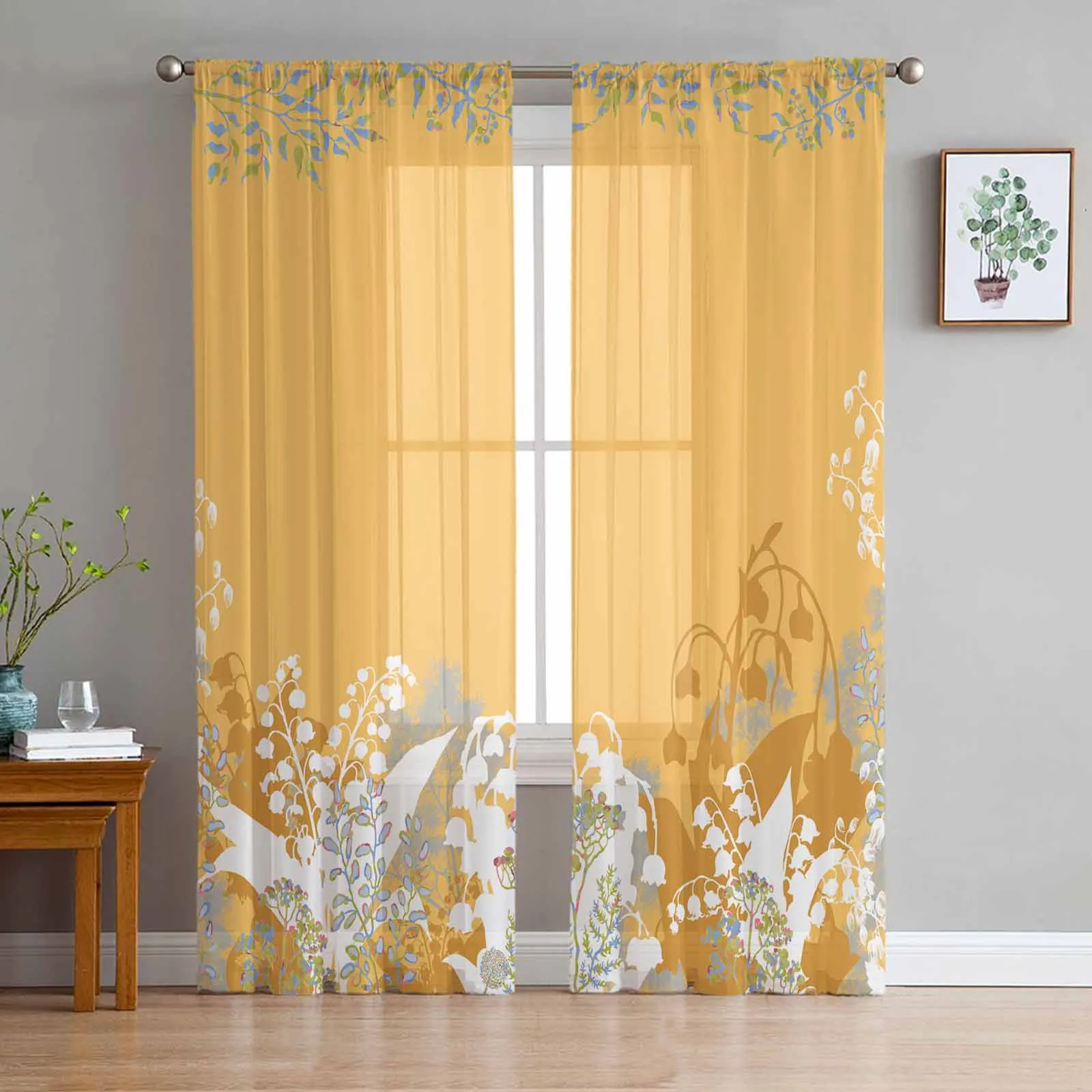 Abstract Lily Of The Valley Flower Sheer Tulle Curtains for Living Room Valance Curtains Kitchen Bedroom Window Voile Drapery