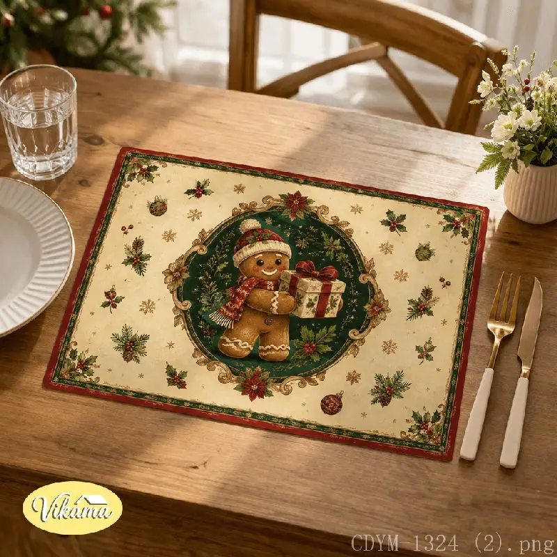 VIKAMA Christmas Penguin Gingerbread Nutcracker Placemat Candy Cane Table Mat Dining Kitchen Holiday Home Decor Aesthetic Art