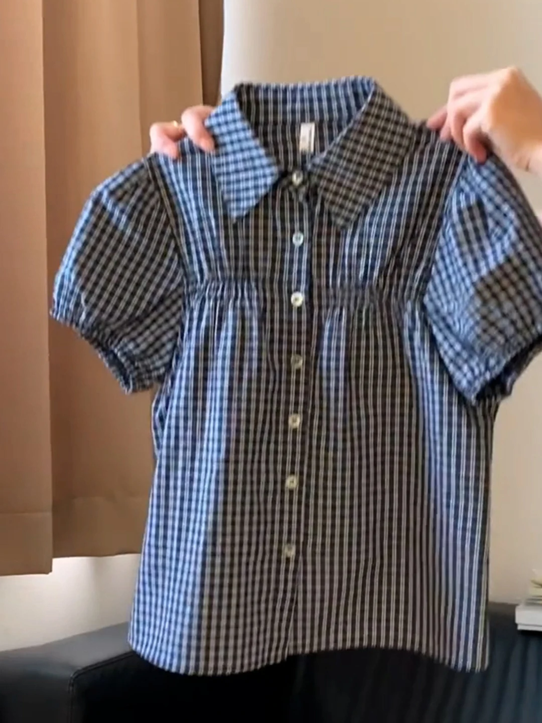 

Blue Plaid Bubble Sleeve Shirt Women's Summer Commute Slim Fit College Style Shoulder Level Top Korean Version Long Sleeve