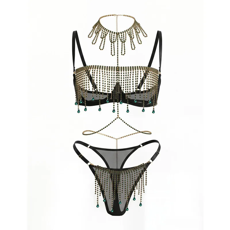 High luxury sexy lingerie rhinestone set see-through rhinestone suspender bra thong three-piece set