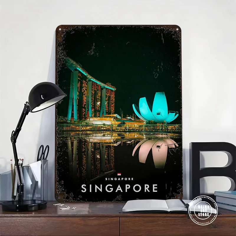 Singapore Nights Through the Lens Poster Customized Vintage Metal Signs Wall Art Retro Tin Plaque for Gaming Room Decoration