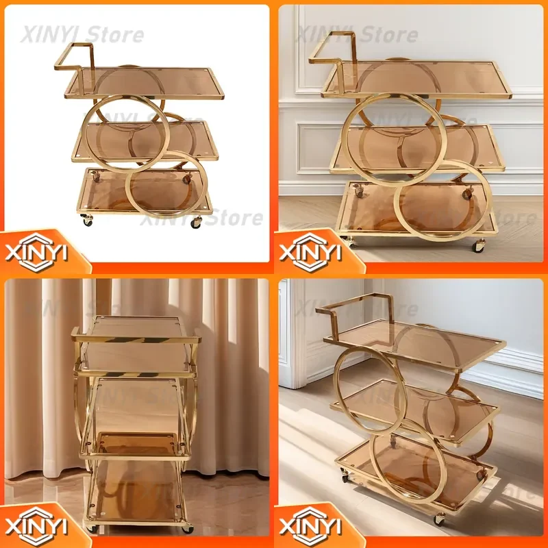Three-Layer Stainless Steel Glass Dining Cart for Hotel Wine Cart Household Trolley Commercial Mobile Tea Cart Restaurant