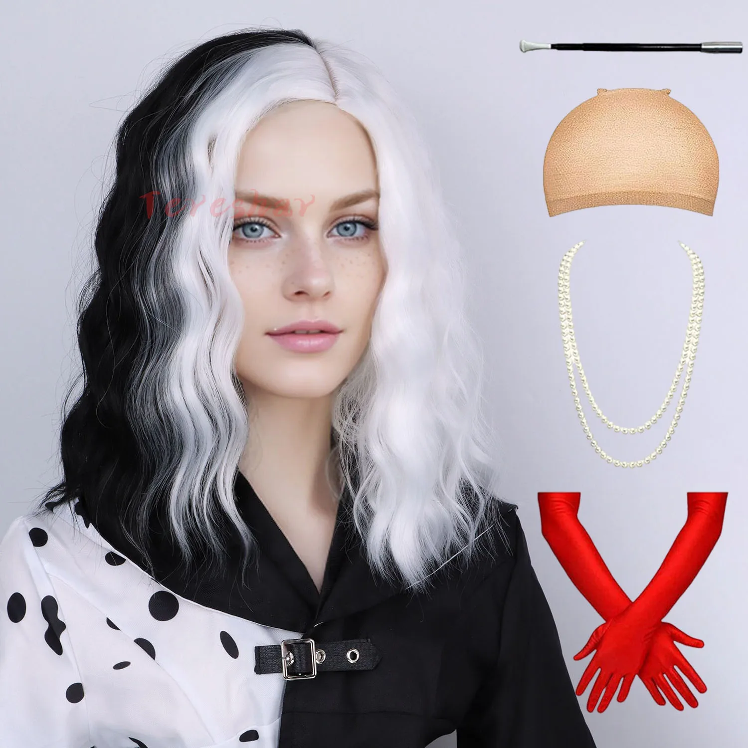 

Синтетический черно-белый парик для женщин, боковая часть, короткие вьющиеся волнистые парики из волос, термостойкие косплей, костюм на Хэллоуин, вечерние парики