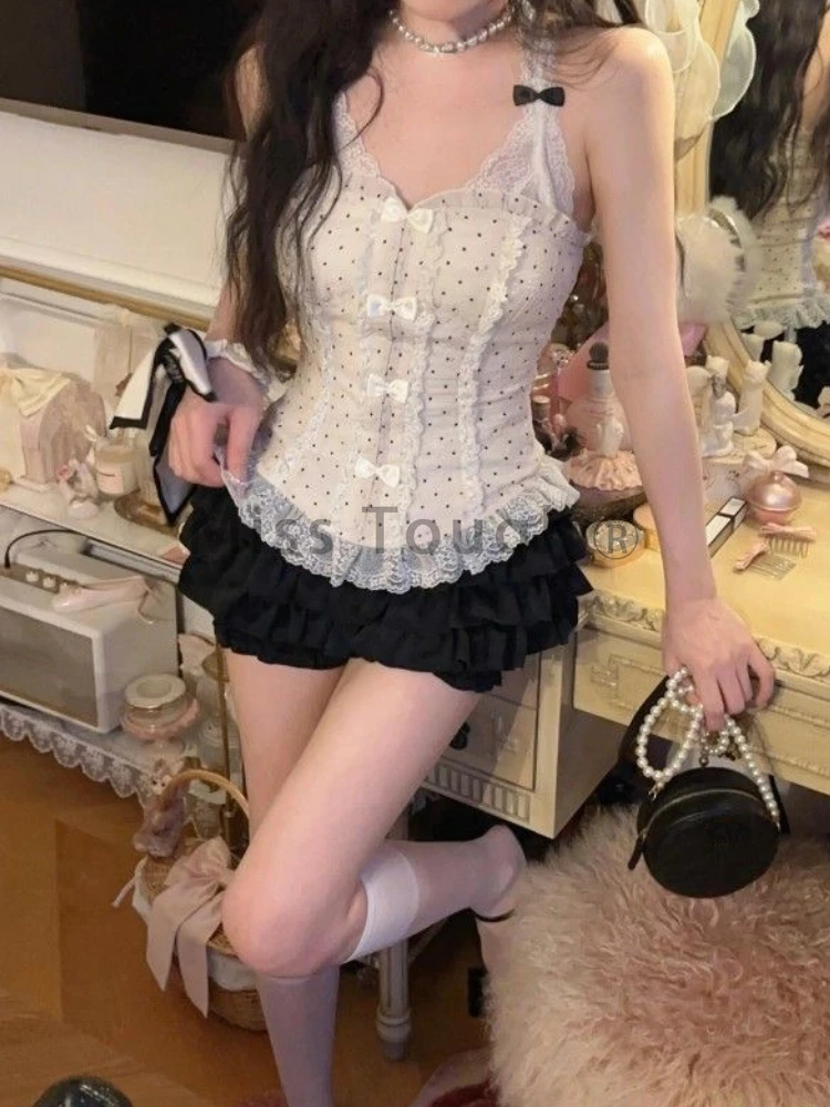 Japonês doce lolita 2 peça conjunto feminino kawaii arco rendas topos + babados mini saias de bolo moda bolinhas gótico y2k outfit 2024