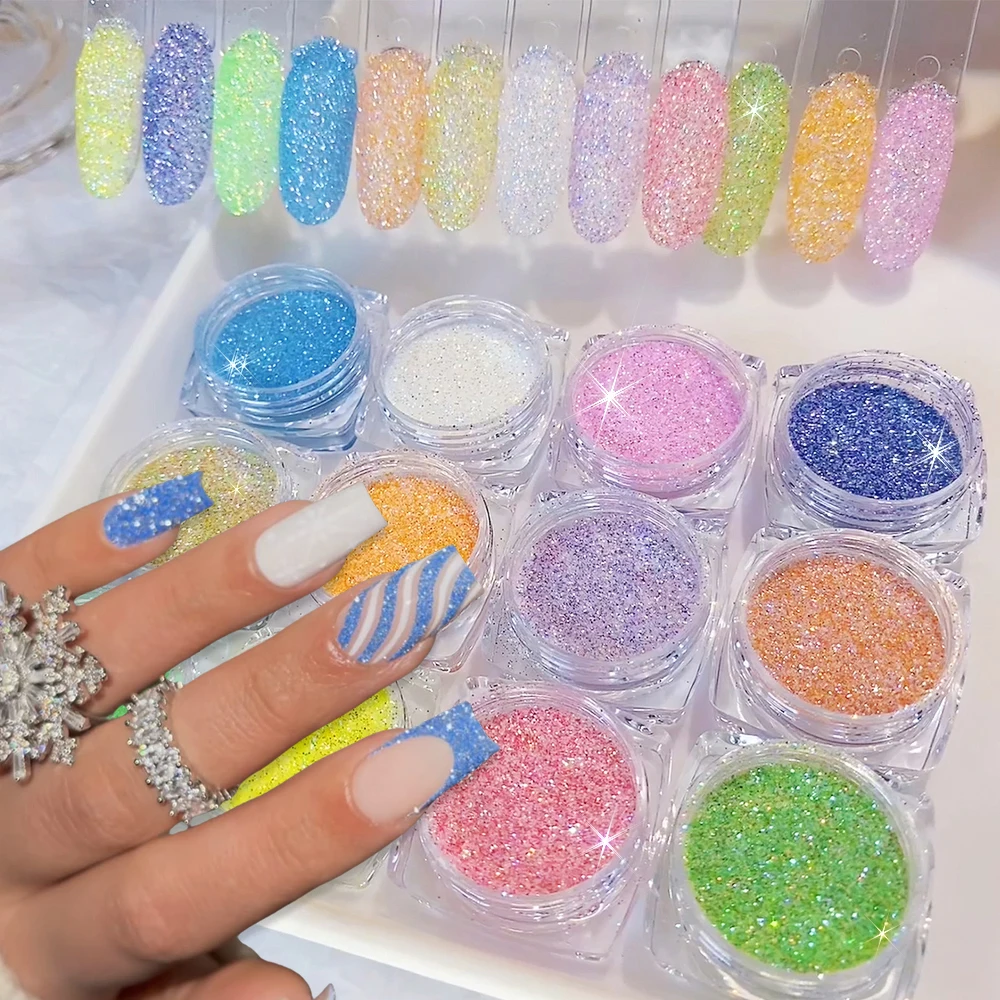 

12Colors/Set Glitter Sugar Coat Powder for Nail Art Shiny Iridescent Colorful Chrome Pigment Dust Christmas Manicure Accessories