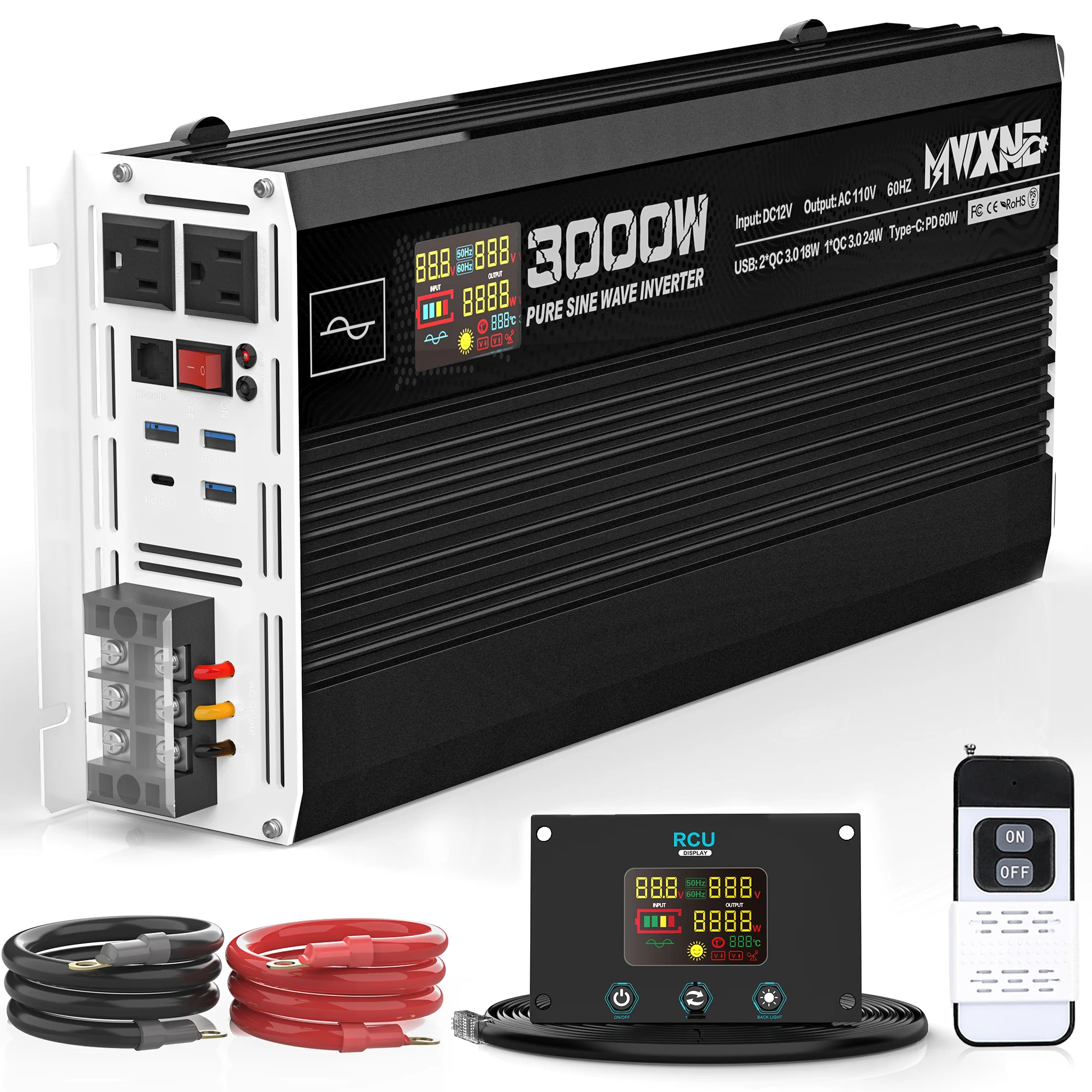 Us Warehouse 3000w Power Inverter Dc 12v 24v 48v to Ac 110v 120v 220v 230v Pure Sine Wave Inverter Peak 6000w