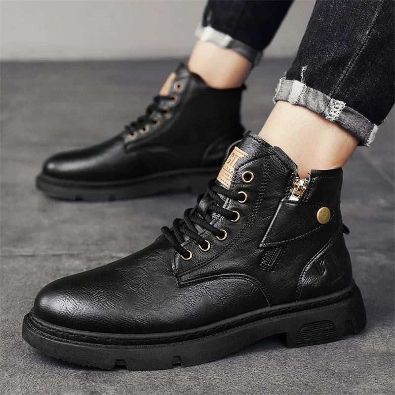 Men\'s Biker Boot Winter Outdoor Motorcycle Retro Style Leather Boots Man High Top Casual Shoes Trendy All-match Wear-resistant88