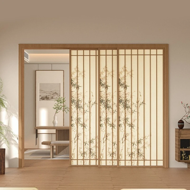 

Ретро раздвижная дверь, перегородка для комнаты, бамбуковое теневое стекло, подвесная направляющая, раздвижная дверь