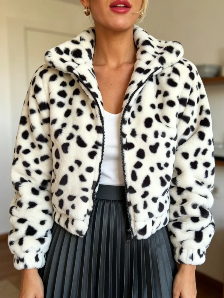 Women Cropped Faux Fur Coat Dalmatian Spotted Print Zip Up Stand Collar Fluffy Short Jacket Casual Going Out Winter Outerwear