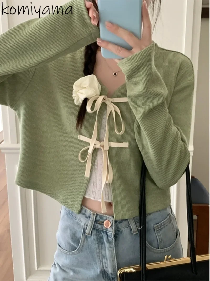 Komiyama V Neck Lace Up Bow Cardigans Femme Gentle Y2k Sweater Spring New Womens Clothing Full Sleeve Crop Knitwears Tops