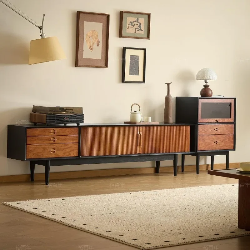 TV cabinet, black solid wood storage cabinet, small apartment living room TV cabinet