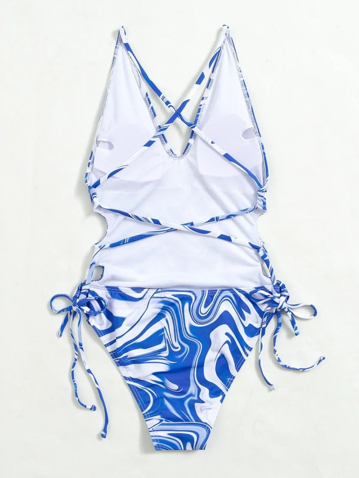 Maillot de bain une pièce dos en V profond avec nouer, imprimé abstrait, taille haute triangle, bikini une pièce