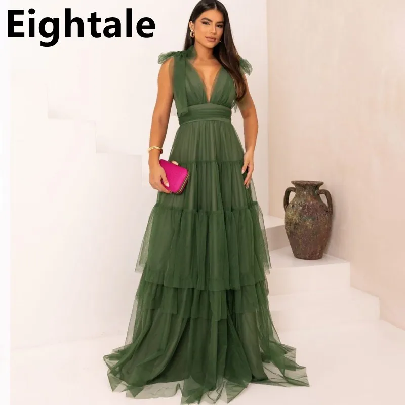 

Eightale Customized Army Green Tiered Tulle V Neck Evening Dress A Line Prom Dress Backless Women Formal Party Gown Dubai 2025