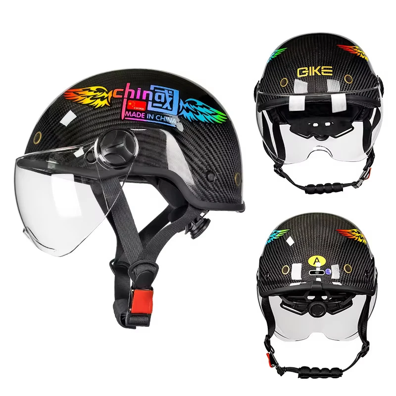 QIKE Carbon Fiber Retro Half Helmet Motorcycle Unisex Electric Vehicle Helmet Daily Leisure Cycling