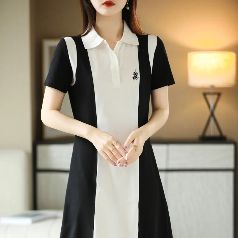 

Summer New Pearl Cotton Colored Women's Polo Neckline Shows Thin, Sweet, Mid Length Dress Fashion Versatile, Elegant Style