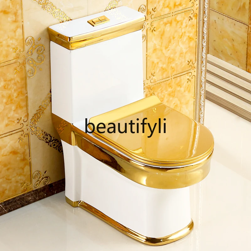 Luxury Gold Flush Toilet Siphon Water-Saving European Style Gold Line Ceramic Vintage Toilet