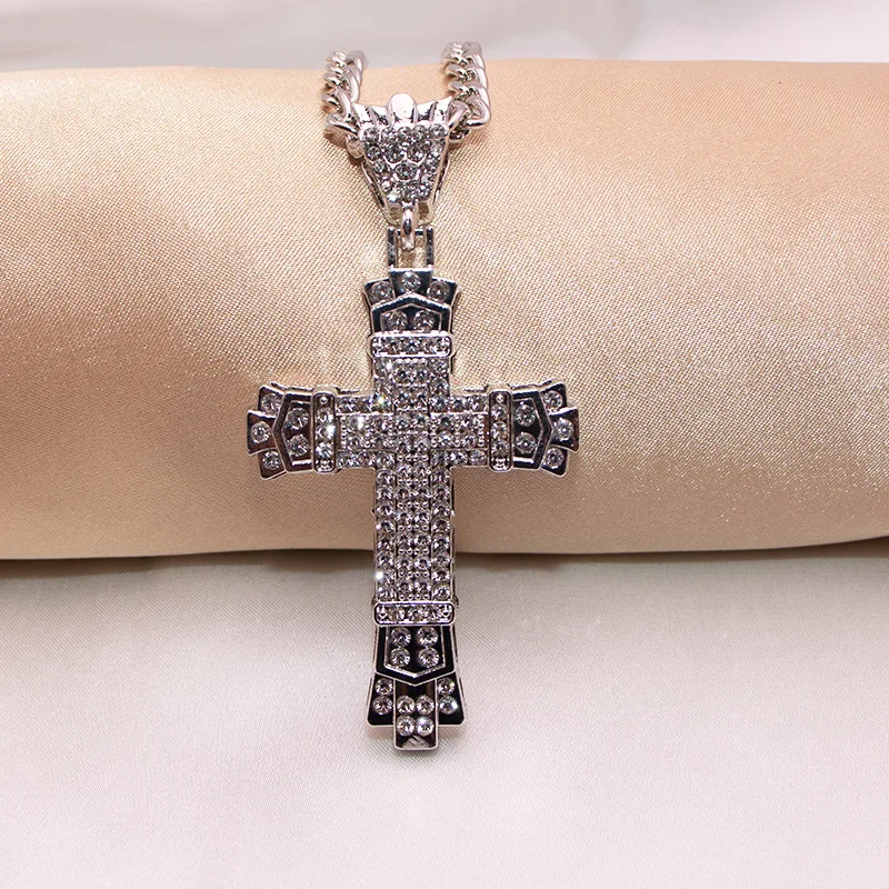 1 Simple Style MEN'S Rhinestone Christian Cross Rhinestone Pendant Necklace Personality Fashion Street Domineering Chain Jewelry image 2