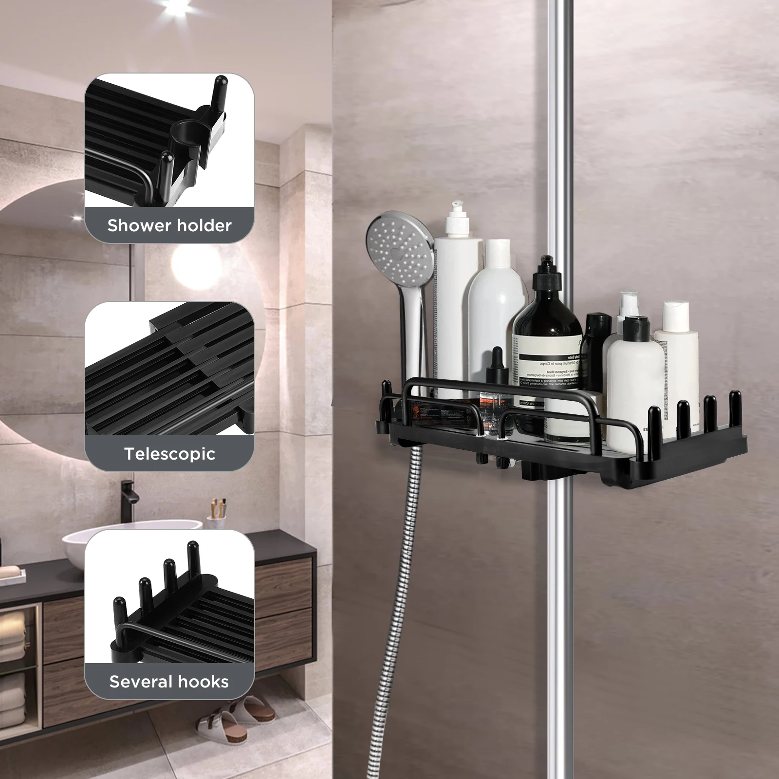 Telescopic Shower Caddy 32-48 Cm Shower Shelf Rail For Hanging Bathroom Organiser No Drilling Storage Shelf For 18 Mm-25 Mm