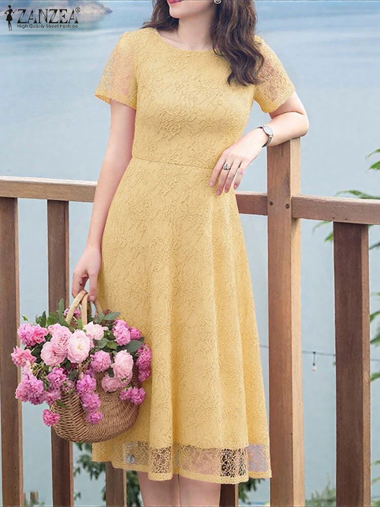 

2025 Fashion Lace Dress Elegant Work Sundress Women Casual A-Line Robe Fashion Solid Color Short Sleeve Mid-Calf Vestido ZANZEA