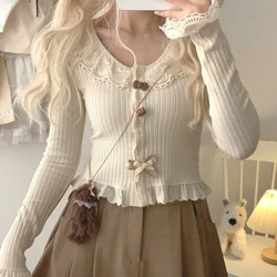 Süße Lolita Stil kurze Strickjacke Frauen Kawaii Spitze Patchwork Rüschen Bogen Strick mantel koreanische Mode schicke Knöpfe niedlichen Crop Top