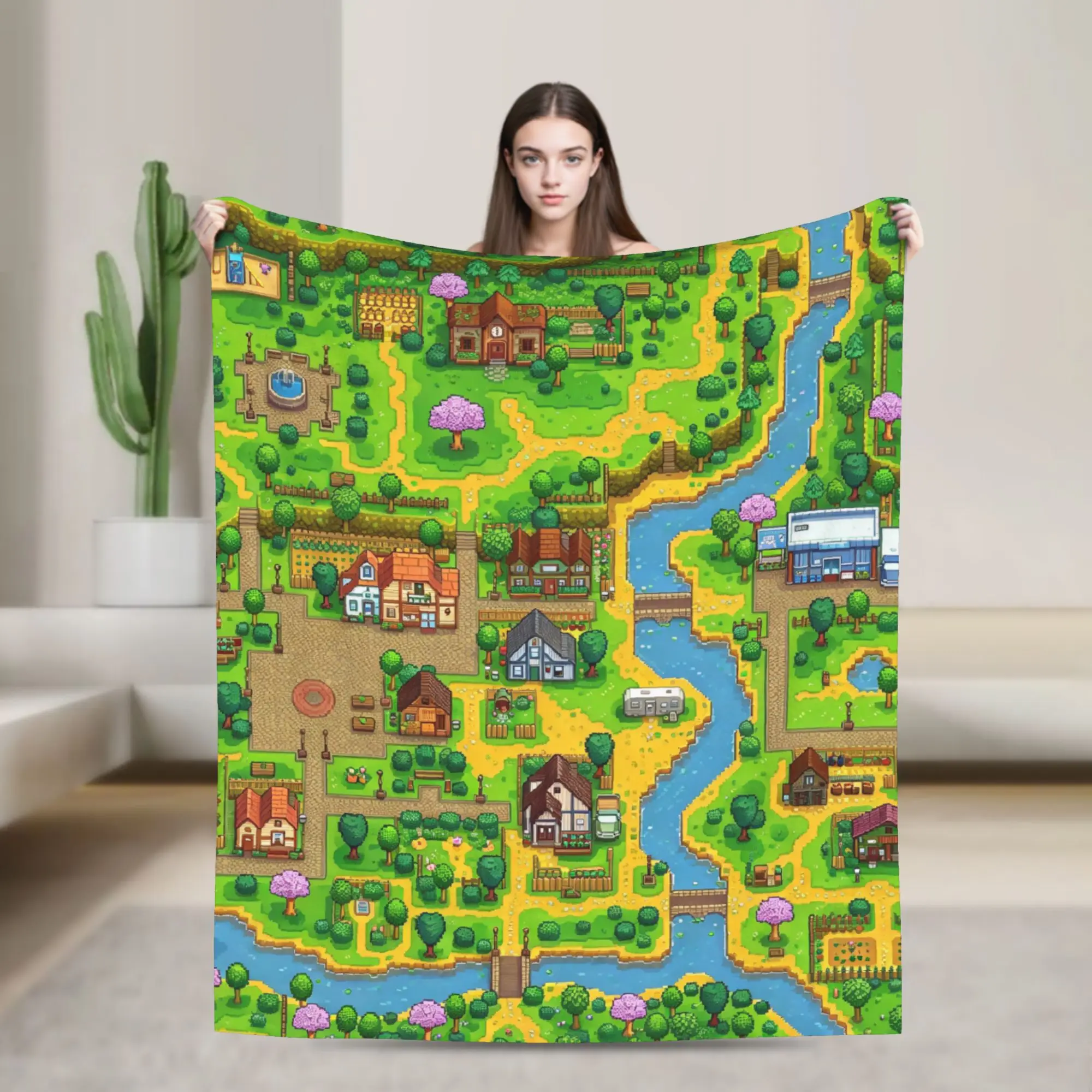 Custom S-Stardews V-Valleys Blanket Soft Fleece Autumn Flannel Pelican Town Map Throw Blankets for Sofa Outdoor Bedding Quilt