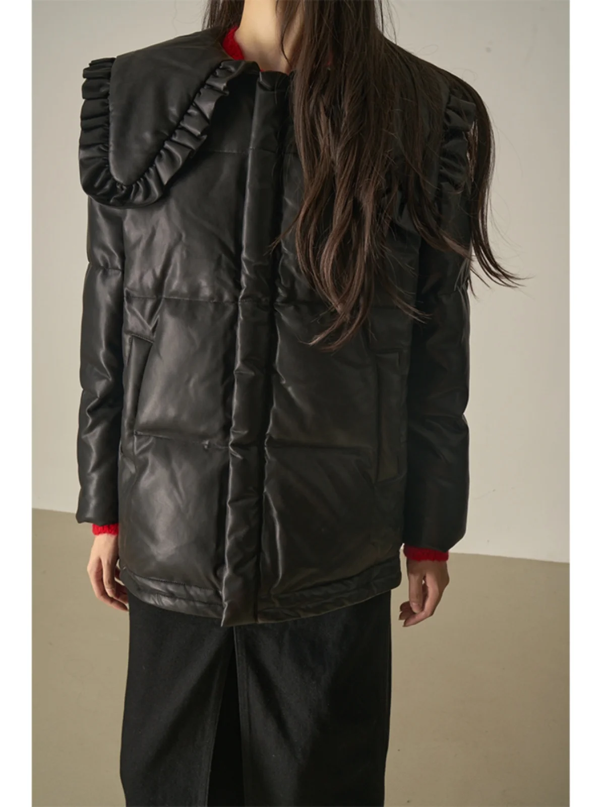 

LANVIVIER Cool Sweet Girl Bla Protein Leather Thiened Cotton Inter Peter Pan Collar Floral Lace Trim ort Jaet