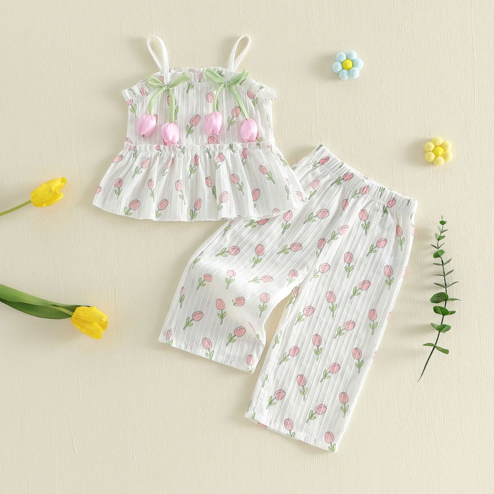 1-4Y Toddler Girls 2 Piece Outfits Tulip Print Cute Bow Camisole Tops Elastic Wide Leg Pants Set Baby Summer girls Clothes Set