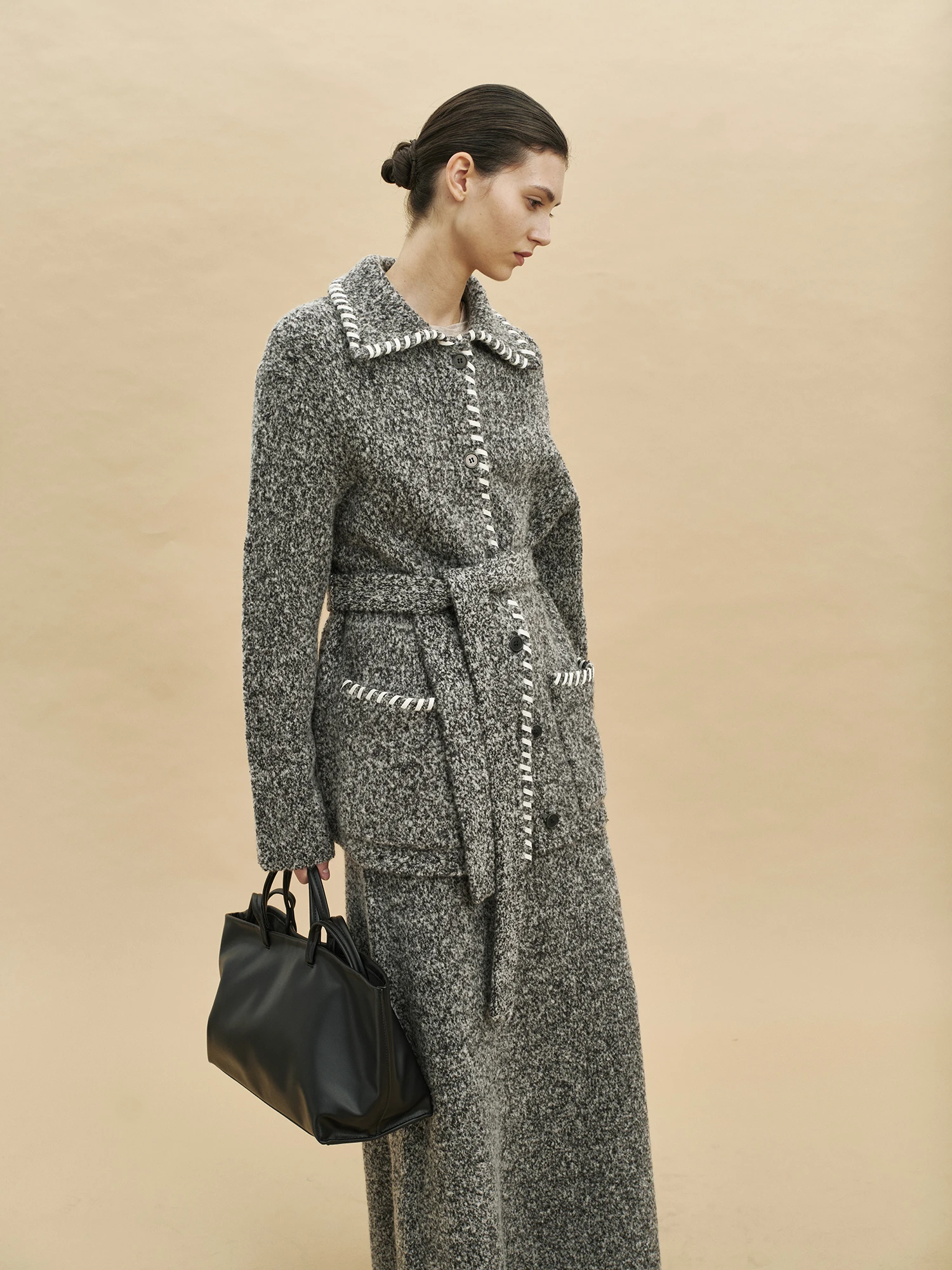 

Woolen Jaet Long Sve Women's Mid-Length Coat Turn-down Collar Belted Autumn Winter Open Cardigan by CHANGI