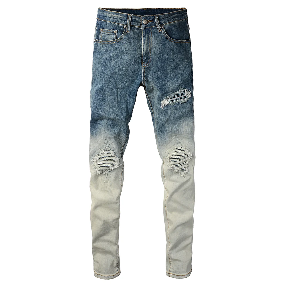 

Men Gradient Color Biker Jeans High Stretch Denim Skinny Tapered Pants Pleated Patch Patchwork Ripped Trousers